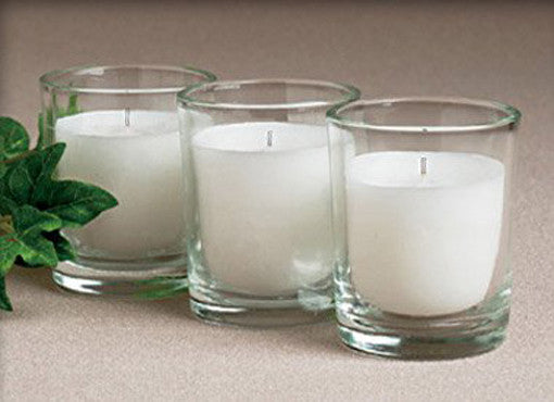 10 White Wax Clear Glass Holder Votive Candle - Wedding Event Centrepiece Table Decoration