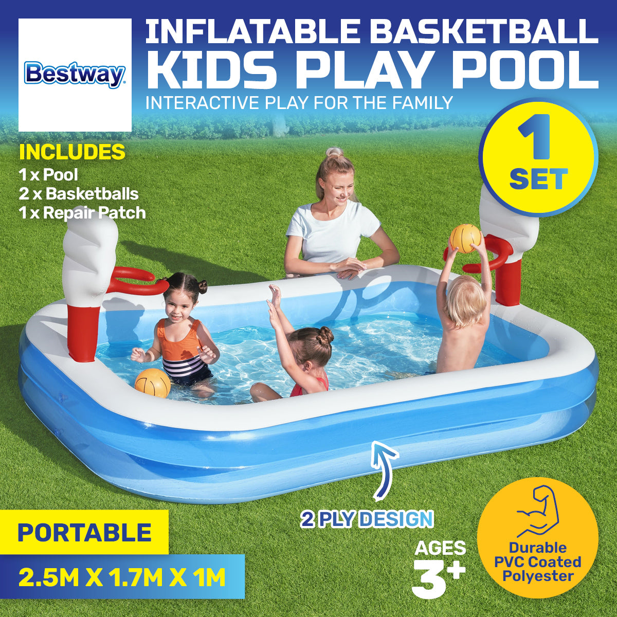 Bestway Inflatable Kids Basketball Pool Built-In Hoops Balls Included 636L