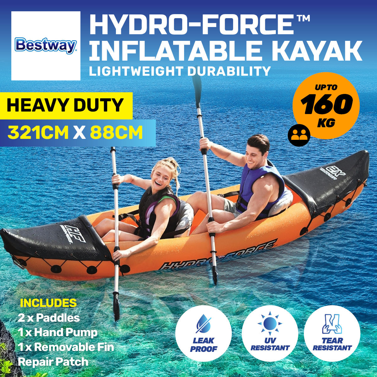 Bestway Lite-Rapid 2 Person Kayak Oars Hand Pump Fins Inflatable 3.21m x 88cm