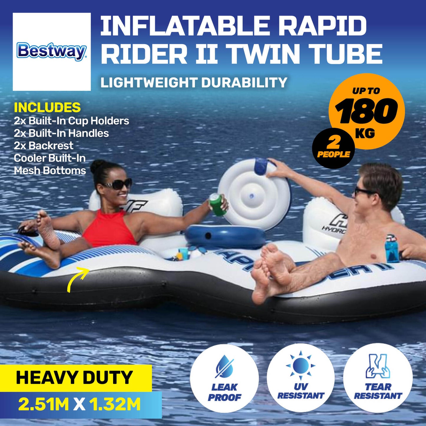 Bestway 2.51m Inflatable 2 Person Rapid Rider Tube Built In Cooler