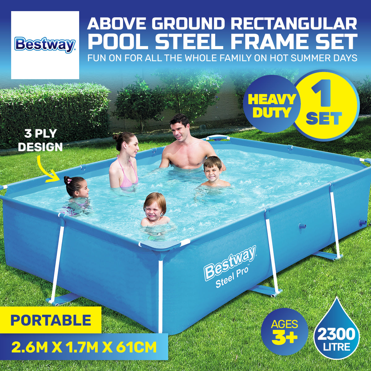 Bestway 2.6m x 1.7m Above Ground Pool High Gauge PVC Construction 2300 Litre