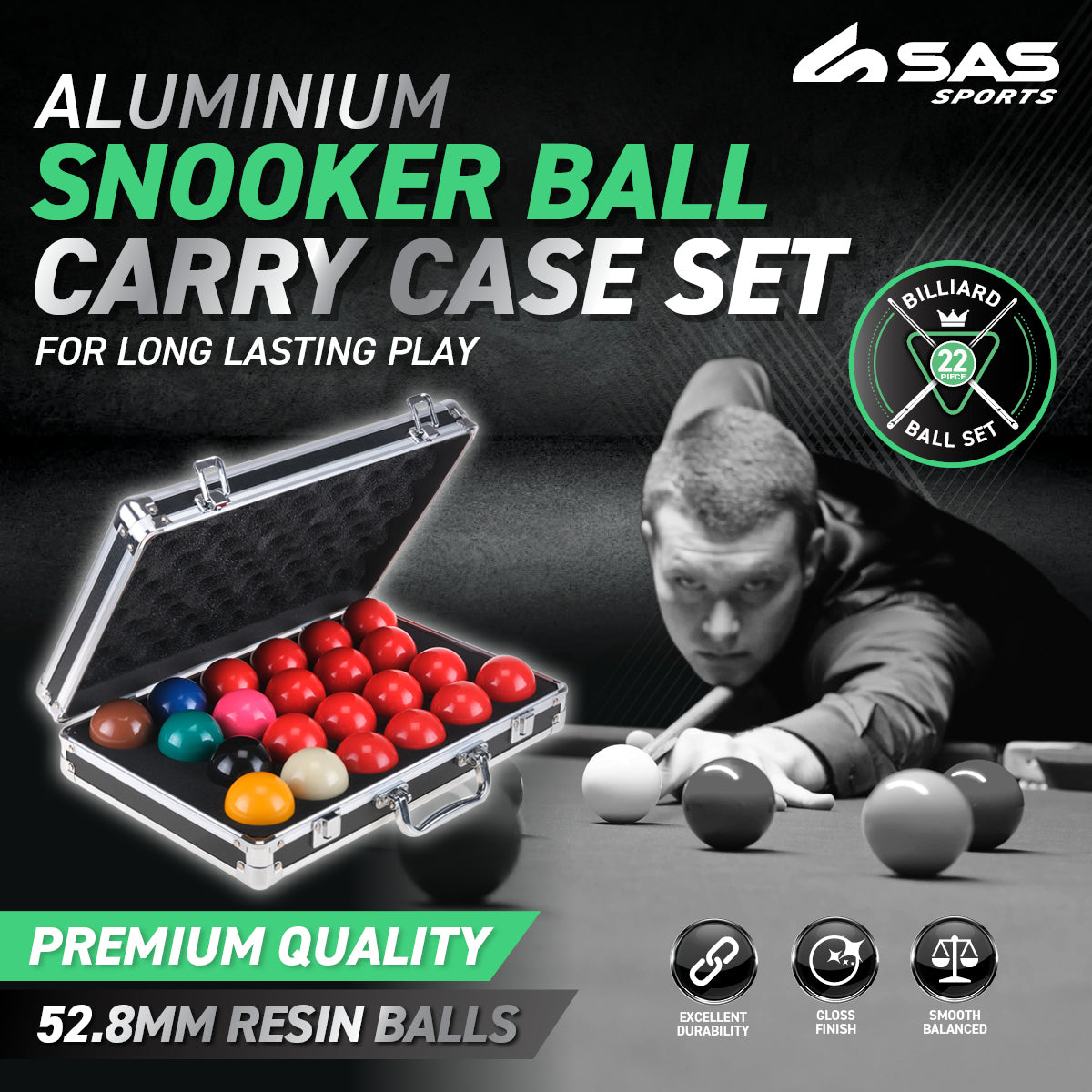 SAS Sports Snooker Ball Set With Aluminium Carry Case Premium Quality