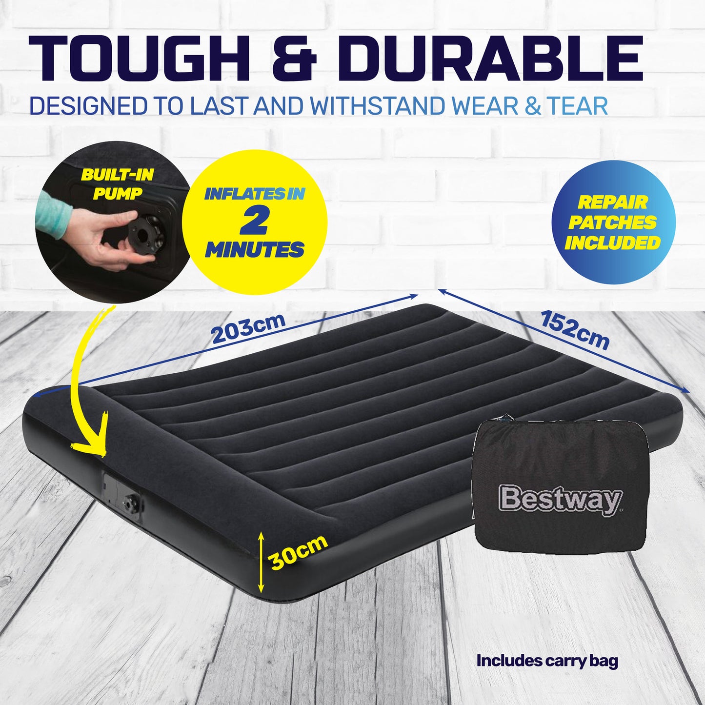 Bestway Queen Inflatable Air Bed Tritech Built-In Pump Heavy Duty