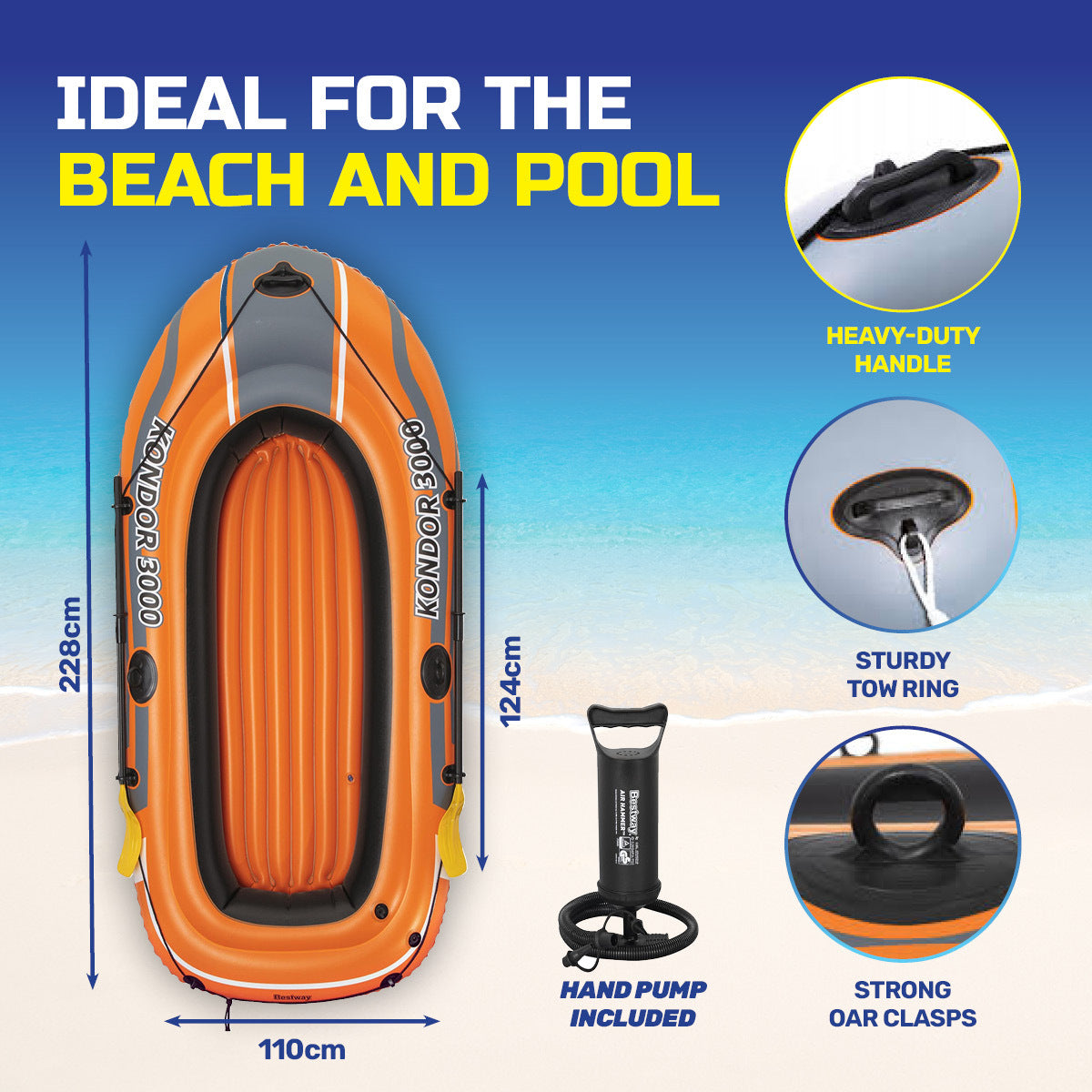 Bestway Kondor 3000 Inflatable Boat UV Resistant Leak Proof Beach Pool Fun 228cm x 110cm