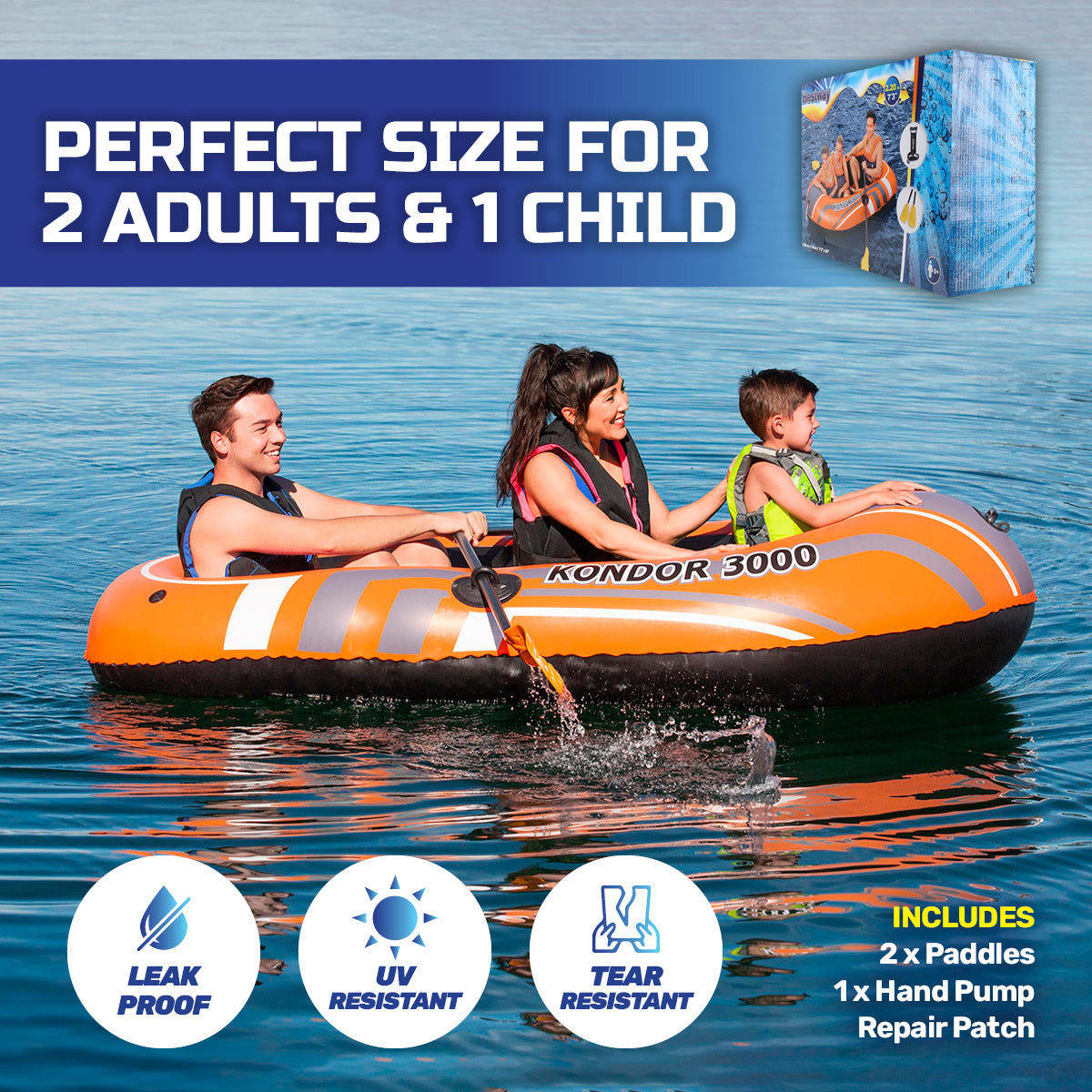 Bestway Kondor 3000 Inflatable Boat UV Resistant Leak Proof Beach Pool Fun 228cm x 110cm