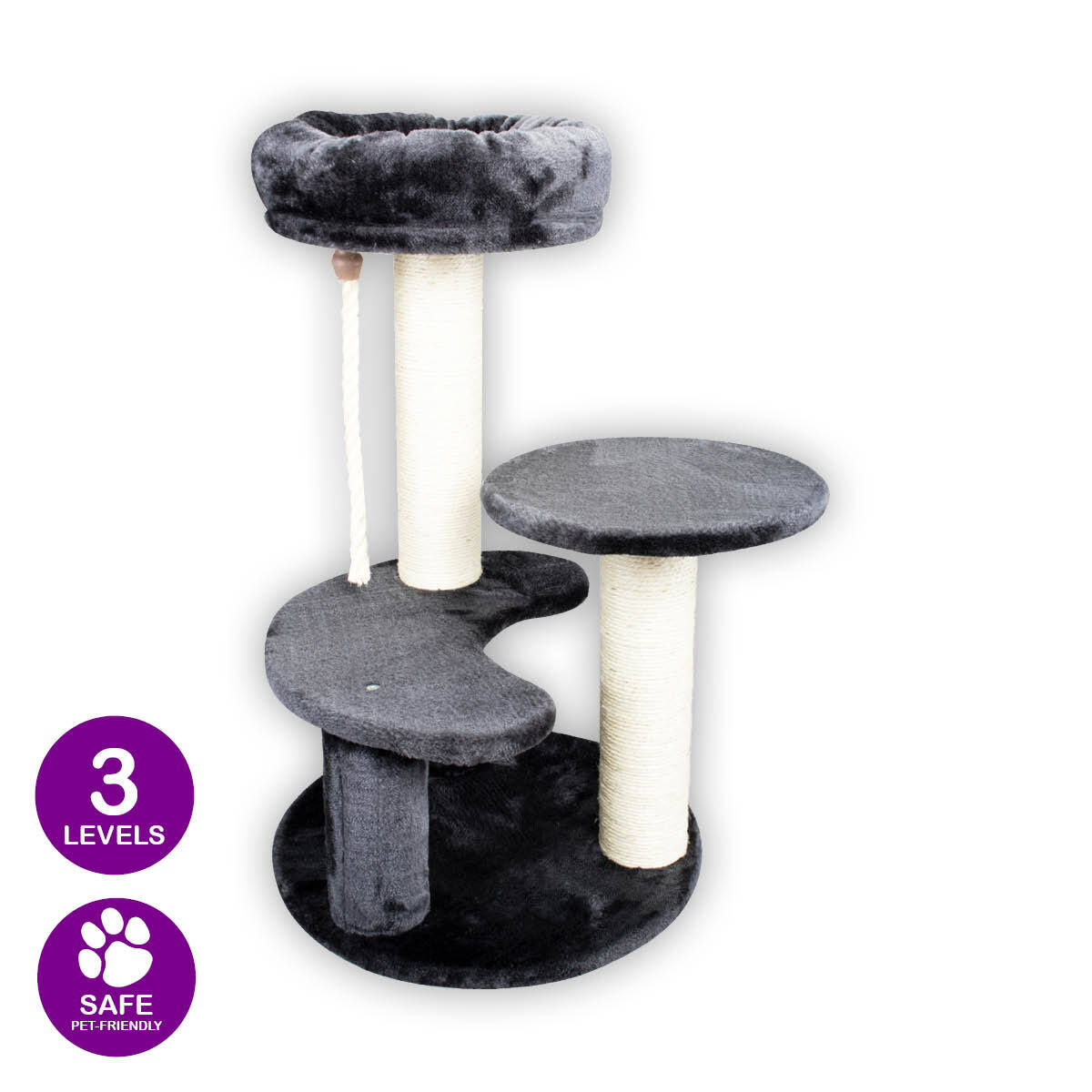 Pet Basic 3 Level Cat Scratching Tower &amp; Cosy Bed Scratch Climb 65 x 40cm